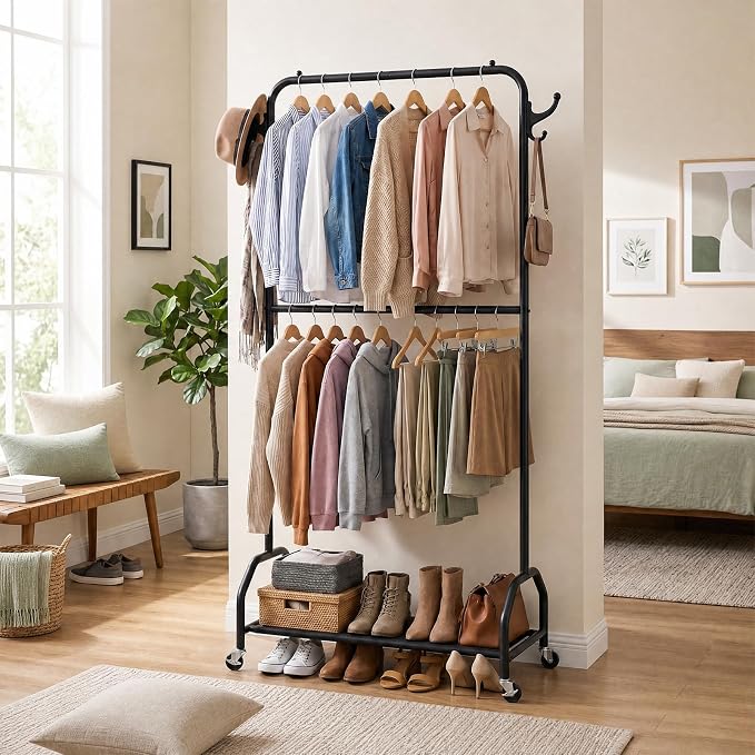 EVLIQUIL Double Hanging Garment Rack with Wheels, Hooks and Shelf, Black | Double Hanging Design and Smooth-Rolling Wheels with Open shelf offers additional storage for shoes, boxes or baskets.