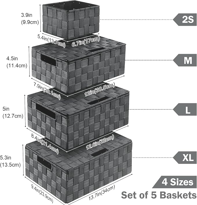 Storage Baskets with Lids: 5 Pack Stackable Woven Storage Bins, Grey | Decorative Woven Baskets for Organizing with Built-In Handles for Shelves, Closets, Cabinets and Cubbies, Gift Small Basket