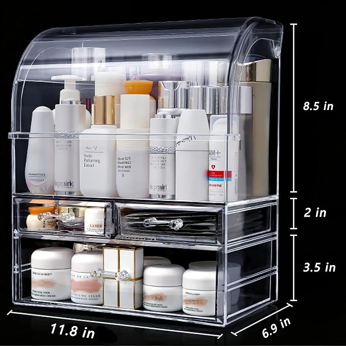 Clear Large Acrylic Makeup Organizer With Lid Cosmetic Storage Drawers Portable Makeup Organizers Dustproof And Waterproof Box For Women (14in)