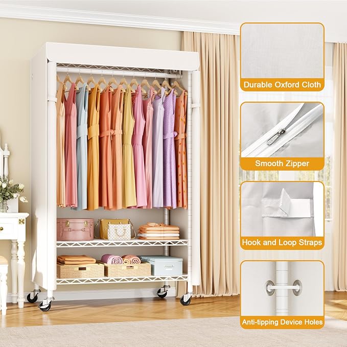 P6C Rolling Clothes Rack with Cover, 3-Tier Covered Clothing Rack | Portable Closets for Hanging Clothes, Heavy Duty Garment Rack on Wheels, White Closet Rack with White Cover, Max Load 365LBS