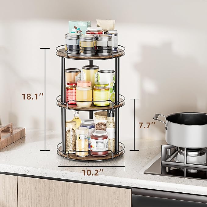 LAMU 10'' Wood Lazy Susan Turntable Organizer for Cabinet, 3 Tier Lazy Susan Spice Rack Organizer for Kitchen, Wood Turntable for Table Top, Countertop, Pantry, Bathroom