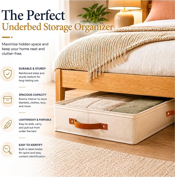 2pc Under Bed Storage Containers, Bedroom Under the Bed Drawer Storage Organizer with Bins and Lids, Large Underbed Clothes Storage Box Ideal for Blanket, Fabric, & Shoes (Ivory)
