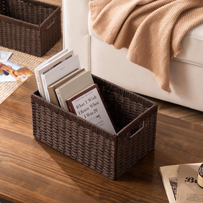 UBBCARE 3 Pack Wicker Basket, 13.4L×8.3H×7.1W inch Woven Paper Rope Storage Baskets for Shelves, Foldable Rectangular Storage Baskets with Handle, Storage Basket for Organizing, Dark Brown