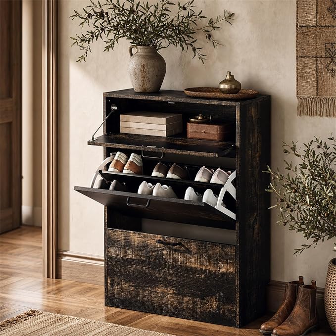 VINGLI Shoe Cabinet Storage for Entryway,Rustic Small Narrow Shoe Rack,25"W | 8–12 Pairs,Skirting Board Cutout,Drop-Down Drawer,9.4"D Slim,Dark Rustic Oak,2 Flip Drawers,Adjustable & Removable Shelf