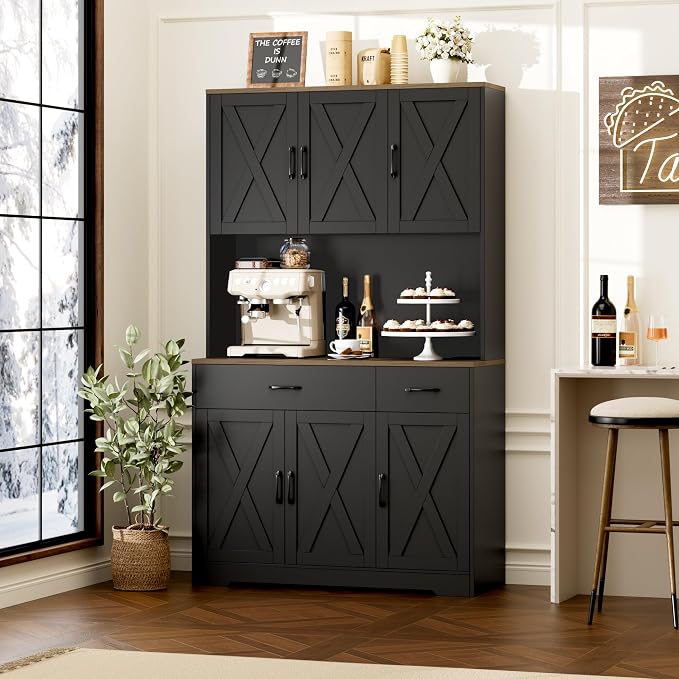 HOSTACK 71"H Kitchen Pantry Storage Cabinet, Farmhouse Hutch Cabinet, Black | Space-Saving Pantry Cabinet with Charging Station & 2 Large Drawers & Adjustable Shelves, Tall Kitchen Hutch for Dining Room