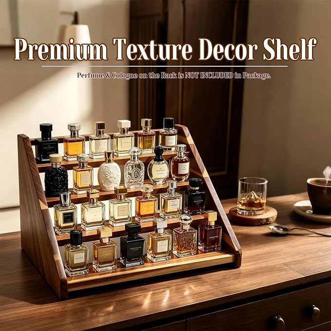 Acacia Wood 4 Tier Slanted Cologne Stand for Men, Wooden Fragrance Display Rack for Dresser Counter Bathroom Vanity