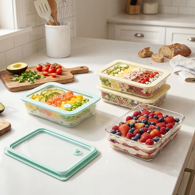 Glass Food Container Set with Glass Lid, 4 Pack, Food Storage Containers with Airtight Lid, LeakProof, 100% Plastic Free, Meal Prep Container Set