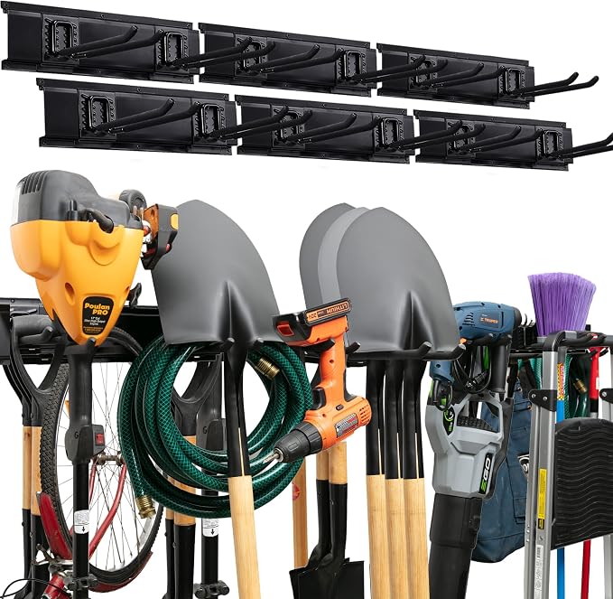 TIDYME Garage Tool Organizer Wall Mount, 96", 6 Racks 12 Hooks, 600 lbs | 600 lbs, anti-rust carbon steel, garden tool organizer & storage rack for garage organization, shovels, rakes & tools