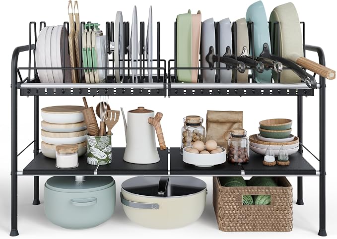 NETEL Expandable Under Sink Organizer，Pot and pan Organizer Under Cabinet | Pan Lid Organizer,Expandable Storage shelf with 2 Pan Racks（14 Dividers）and 4 Removable Panels,Adjustable partition height