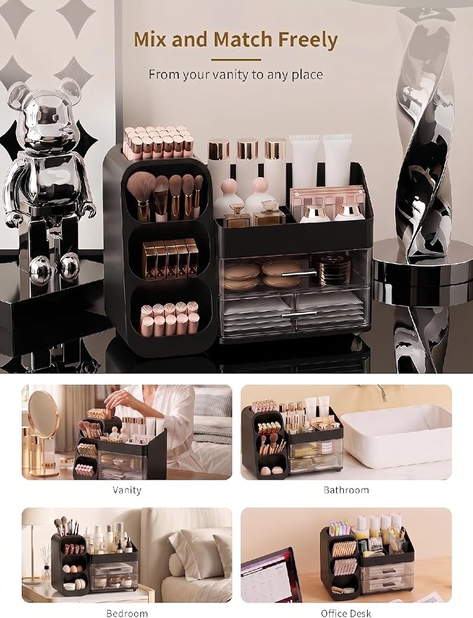 Booklov Large Makeup Organizer for Vanity Countertop, Black | Clear Acrylic Cosmetic Display Case, Beauty Brush Holder for Bathroom Counter, Make Up Skincare Lipsticks Storage
