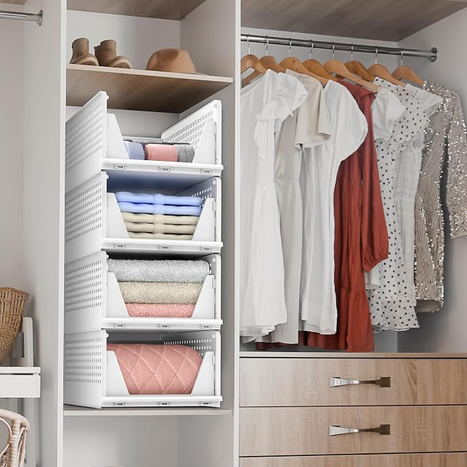 Sorbus 4 Pack Medium Shelf Organizer with Open Front Design Under Shelf for Closet Bathroom Kitchen Garage Plastic Stackable Storage Baskets