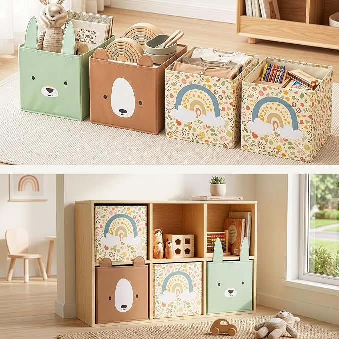 OOOK 4 Pack Foldable Fabric Storage Bins, 11.4" x 10.6" x 11.8" | Storage Box and Closet Organizers for Bedroom, Nursery, Shelves & Cube Storage Shelving Units (Bear, Rabbit, Rainbow Pattern)
