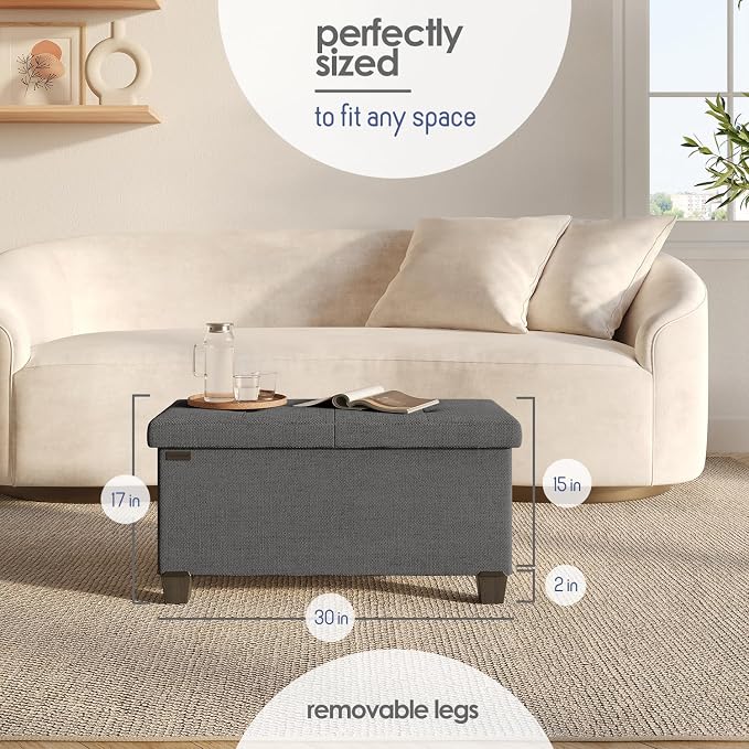 Storage Ottoman Bench with Bins, 30-in Storage Bench for Bedroom End of Bed, Folding Foot Rest Ottoman for Living Room Max 660lbs, Fabric Ottomans, Grey