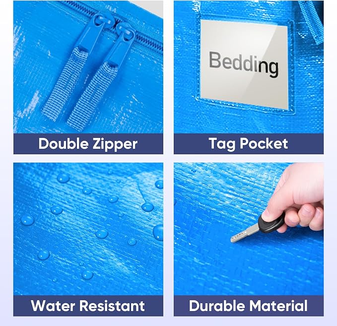 TICONN 4 Pack Extra Large Moving Bags Heavy Duty with Zippers & Carrying Handles, Durable Storage Bags Moving Boxes for Closet Organizers and Storage (4 Pack, Sky Blue)