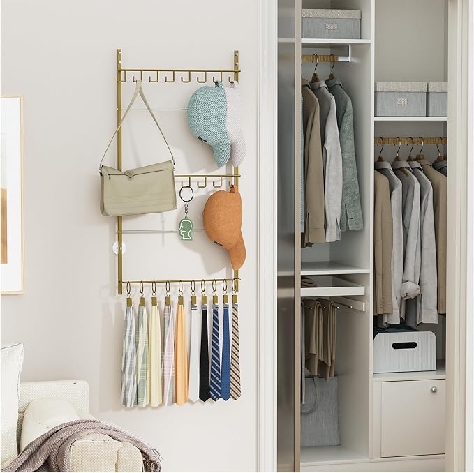 HapiRm Over Door Hat Rack - 3 Tier Wall Mounted Hat Organizer with 16 Hooks and 10 Movable Clips, Baseball Cap Organizer Storage Holds up to 26 Caps for Door, Bedroom, Closet USPTO Patent Pending