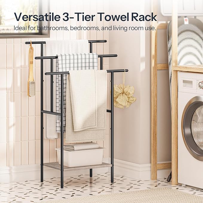 HOOBRO 39.4" Tall Freestanding Towel Rack for Bathroom, 3 Tier Stepped Blanket Rack with Shelf, Oversized Bath Towels Drying and Display Rack, Black and Rustic Brown BG50LB01