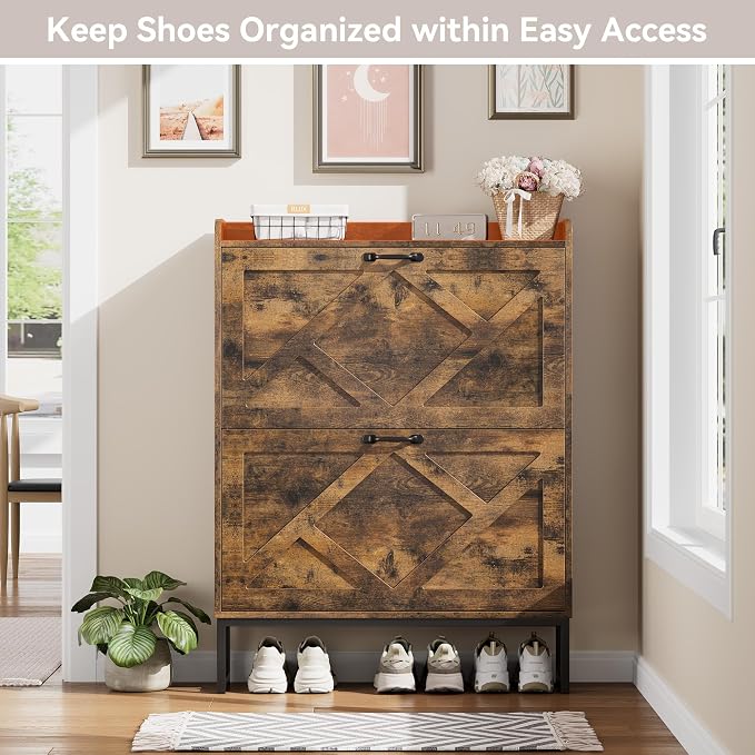 Nicetree Shoe Storage Cabinet with 2 Flip Drawers, Freestanding Wood Shoe Organizer with Metal Legs, Farmhouse Slim Shoe Rack for Entryway, Foyer, Hallway, Rustic Brown