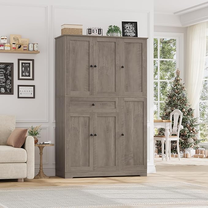 HOSTACK 68" H Kitchen Pantry Storage Cabinet with Doors & Shelves, Ash Gray | Large Pantry Cabinet with Door Rack, Freestanding Kitchen Storage Cabinet with Drawer, Food Pantry for Dining Living room