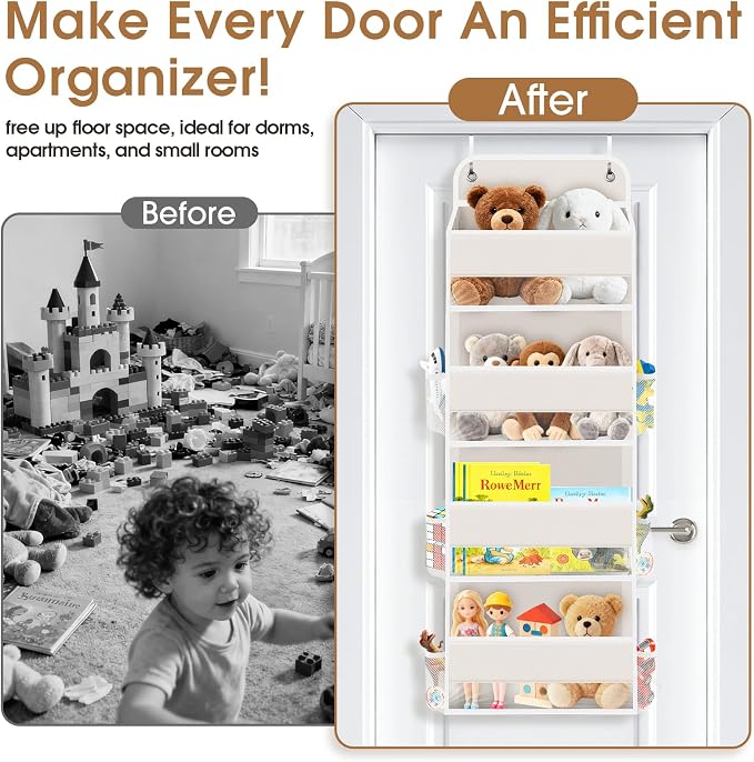 Over The Door Organizer Storage behind Door Hanging Organizer for Nursery | 4 Tier, 6 Side Pockets, Clear Window, Sturdy Construction, Space-Saving Storage for Closet, Bedroom, Bathroom & Nursery