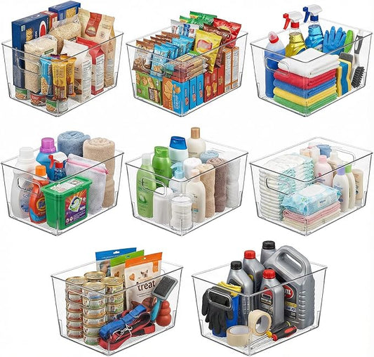 MOONEDGE 8 Pack Clear Plastic Storage Bins 12x8x6in Pantry Organizer | Large Pantry Storage Bins, Cabinet Containers for Under-Sink Storage, Kitchen, Fridge, Bathroom and Home Organization