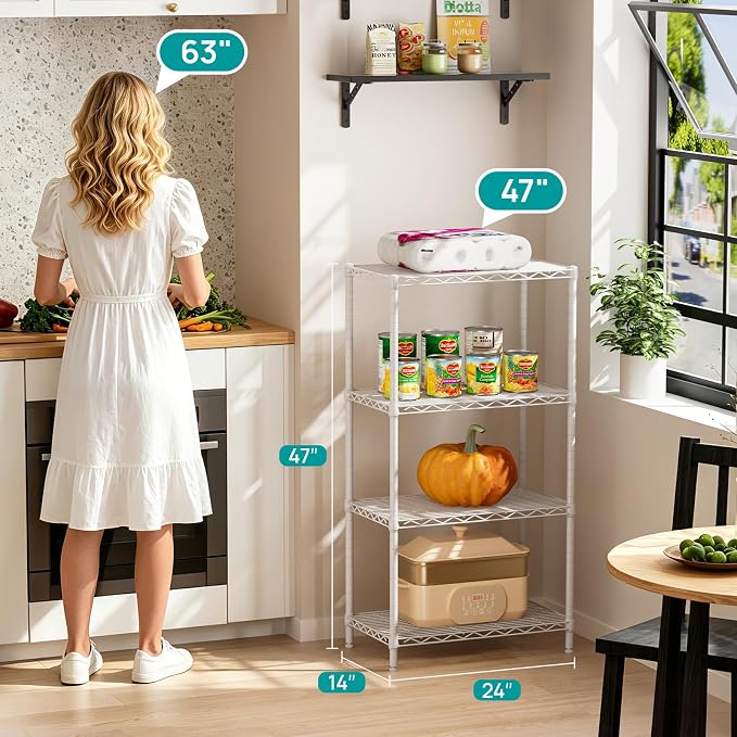 SINGAYE 4 Metal Shelves Wire Shelving Storage Shelf Adjustable Unit Pantry | 4 Tier Kitchen Laundry Room Organization Home Pantry Closet Bathroom Organizers Garage Rack 14" D x 24" W x 48" H White