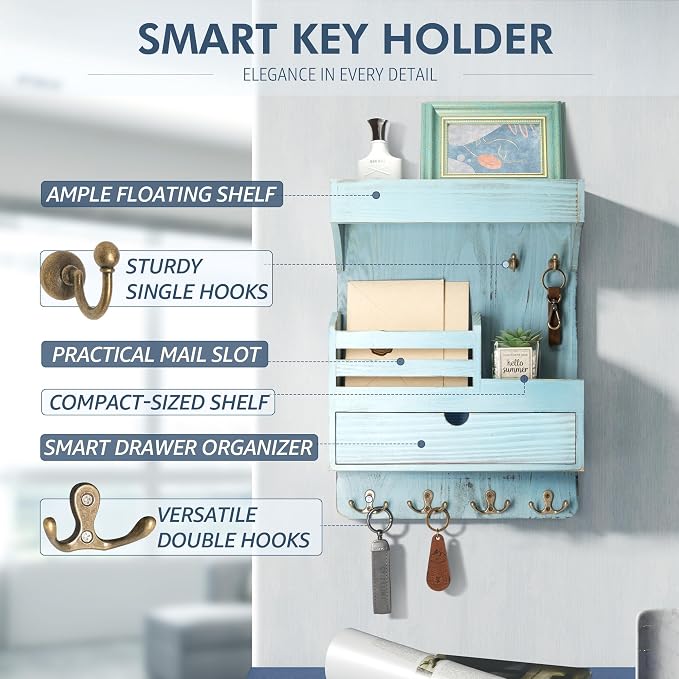 Rebee Vision Key Holder Wall Mount with Drawer & Shelf for Entryway, Blue | Pine Wood, Key Holder for Wall, 6 Sturdy Hooks, Floating Shelf, Drawer Organizer, Mail Sorter, Home Decor, Decorative Storage