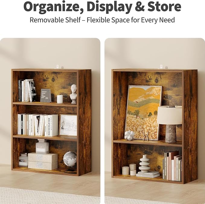 HealSmart 3 Tier Bookcase, Industrial 3 Book Shelf, 9.2" D x 23.8" W x 31.5" H Tall Open Cube Storage Organizer for Home Office, Living Room, Bedroom and Dinning Room, Brown