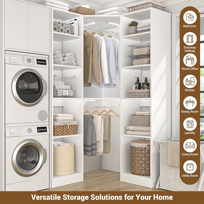 Besiost Corner Closet System with 12 Shelves, 39.2" Corner Closet Organizer | Corner Closet Tower with 2 Hanging Rods, Versatile 6-Tier Walk-in Closets for Corner Space, White (39.2" L x 39.2" W x 80" H)