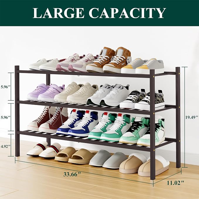 Smiry Bamboo Shoe Rack, 12 Vertical Slats, 3 Tier - 33.7" Wide, Brown | Stackable Free Standing Wooden Shoe Organizer, Wood Shoe Storage Shelf for Closet, Entryway