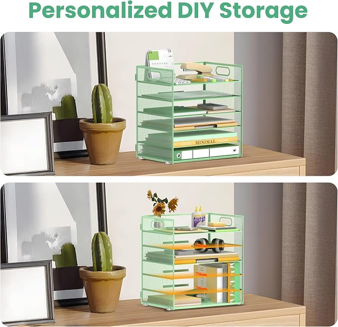 Daltack 6-Tier Paper Organizer for Desk with Handle, Green, 2 Pack | Sturdy Metal Mesh Organizer with Movable Middle Trays and a Carry Handle for Papers, Folders and Office Supplies