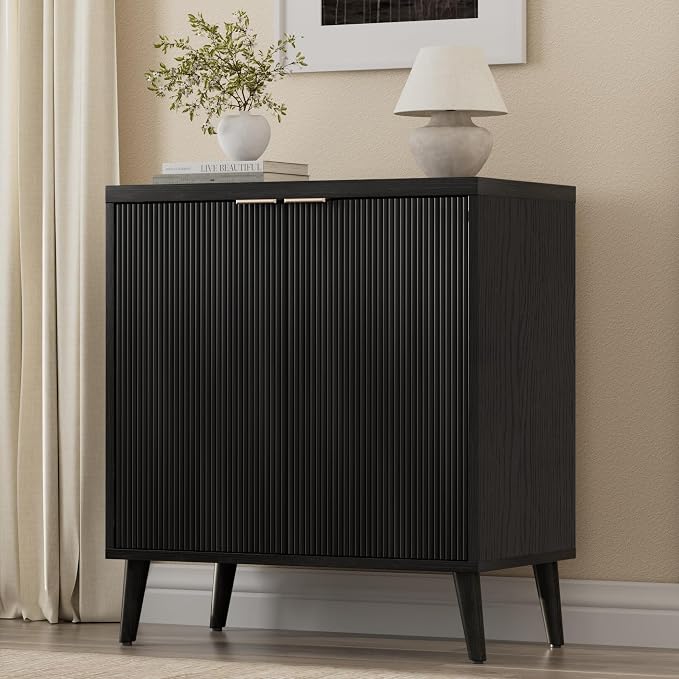 Homleke Fluted Buffet Cabinet with Storage, Modern Sideboard Cabinet | Double Doors, Adjustable Shelf, Accent Buffet Table for Kitchen, Dining Room, Living Room, Entryway & Hallway, Black