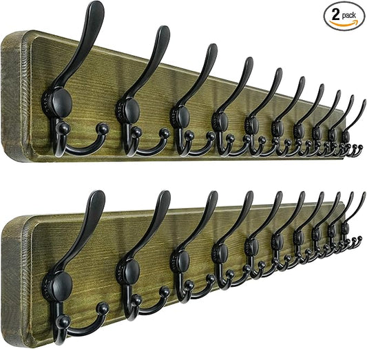 Coat Rack Wall - Heavy-Duty 38-1/4" Long, with Reinforced 10 Custom Tri-Hooks, Solid Wood Wall Hanger for Coats Hat Jackets - Rustic Farmhouse Entryway Storage,Weathered Green & Black,Pack of 2