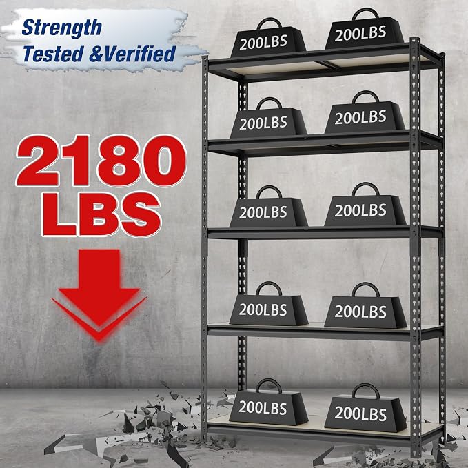 WORKPRO 5-Tier Storage Shelf, 72" H Heavy Duty Adjustable Garage Shelving Unit 2180LBS Capacity, for Basement, Kitchen, Pantry, 35.4”Wx11.8”Dx72”H, Black