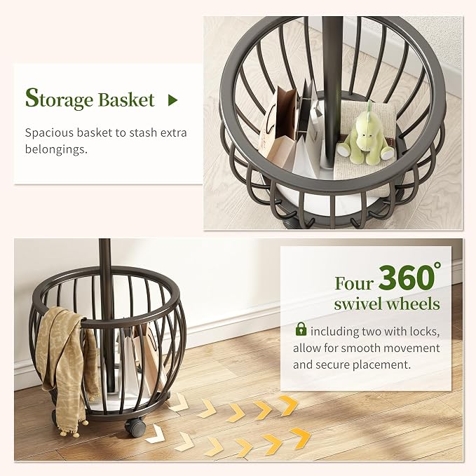 Coat Rack Freestanding Coat Stand with Basket 6 Hooks Wheels,Black | Metal Coat Rack Stand Coat Tree for Home Entryway Bedroom Living Room Office Corner Modern Organizer for Scarf Jacket Hat Bag