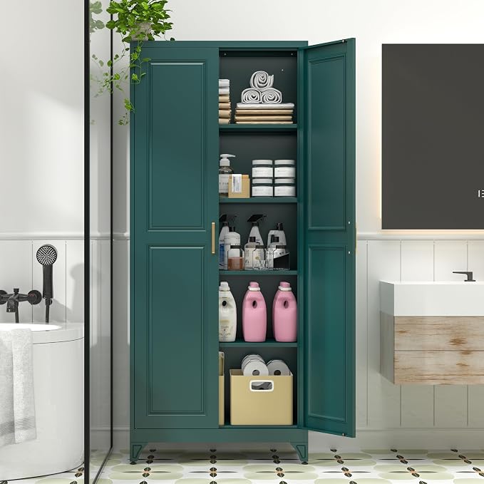 Polup 75" Pantry Cabinet, Tall Metal Storage Cabinet with Doors and Shelves | Green Kitchen Cabinet, 5 Adjustable Shelving, Heavy-Duty Steel, Gold Handles, 4 Standing Feet, for Garage Office & Laundry