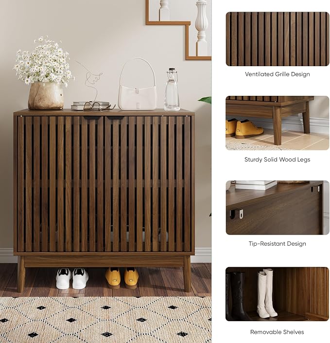 Kiasthome Shoe Storage Cabinet with Ventilated Slatted Doors, Wooden Shoe Organizer, Shoes Rack for Entryway, Hallway, Living Room
