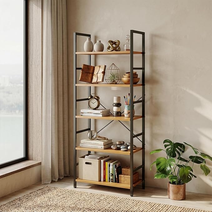HealSmart 5 Tier Bookshelf, Free Standing Book Shelf Home Office Bookcase Shelf Storage Organizer for Bedroom, Bathroom, Living Room, Office, Balcony, Wood
