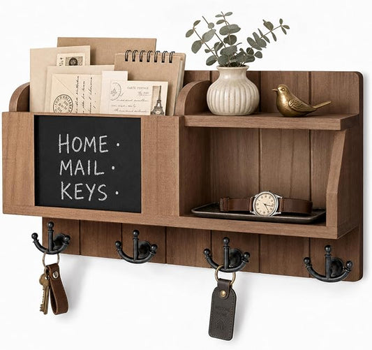Rebee Vision Key Holder Wall Mount with Chalkboard for Home Decor, Brown | Key Holder for Wall, 4 Key Hooks, Floating Shelf, Mail Organizer, Key Hanger, Mail Organizer, Practical Everyday Organization