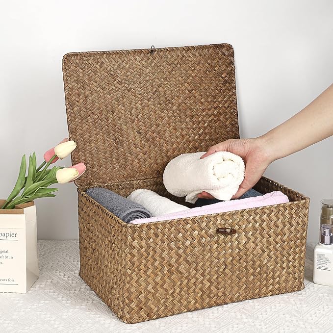 Hipiwe Wicker Shelf Baskets Bin with Lid Woven Storage Box, Coffee X-Large | Handmade Seagrass Basket Storage Bins Rectangular Household Basket Boxes for Shelf Wardrobe Home Organizer