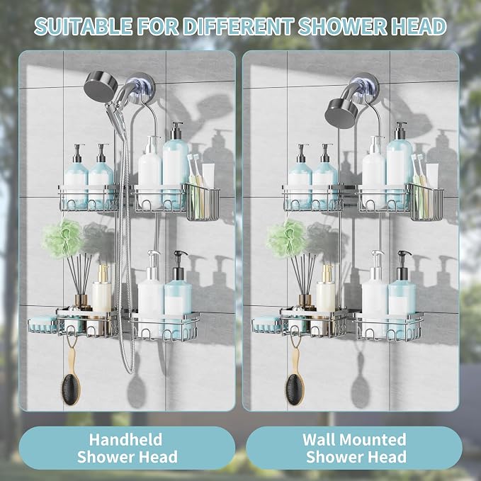 KEGII Hanging Shower Caddy for Handheld Showerheads, Silver | Rustproof Over Showerhead Organizer with Soap Dish, Toothbrush Holder and Hooks for Bathroom Shower Storage
