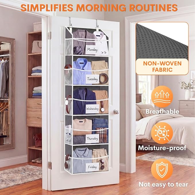 Ofiray-home 5Tiers Over Door Organizer, Weekly Clothes Organizer for Kids | 5 clear PVC front pockets, 10 mesh side pockets, weekly outfit planner, for kids, dorm, entryway, RV, 50 lbs capacity