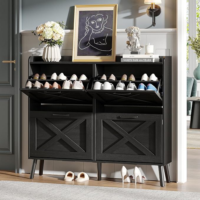 Maupvit Large Shoe Storage Cabinet with 4 Flip Drawers, Narrow Shoe Cabinet for Entryway with Wooden Legs, Freestanding Hidden Shoe Rack Organizer ＆ Metal Hinges, Black