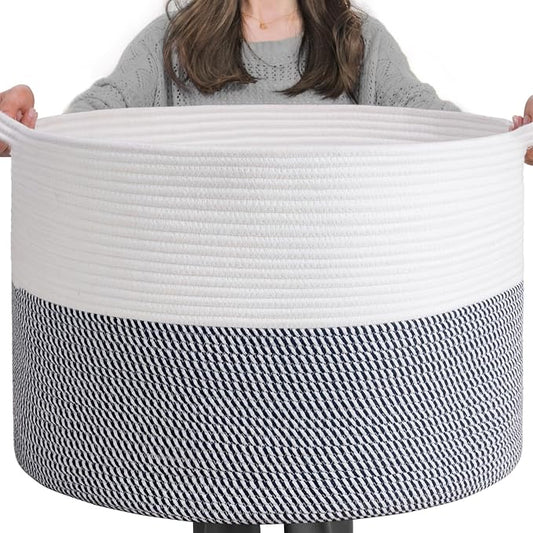 INDRESSME XXXLarge Woven Rope Blanket Basket Living Room Navy, 90L | 21.7" x 13.8" Storage baskets for toys laundry & pillows. Fits living room, bedroom or nursery décor. Soft-touch with handles