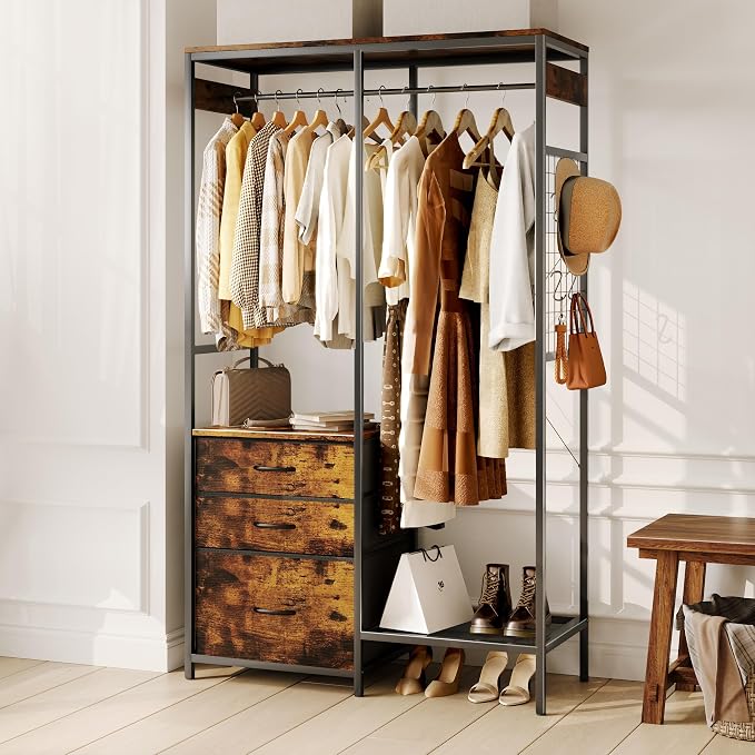 Heavy Duty Clothes Rack with 3 Drawers & LED Light, Garment Rack with 3 Shelves, Free Standing Wardrobe Organizer with 8 Hooks for Bedroom, Small Space, Garming Room（37.8"W x 66.93"H, Rustic Brown）