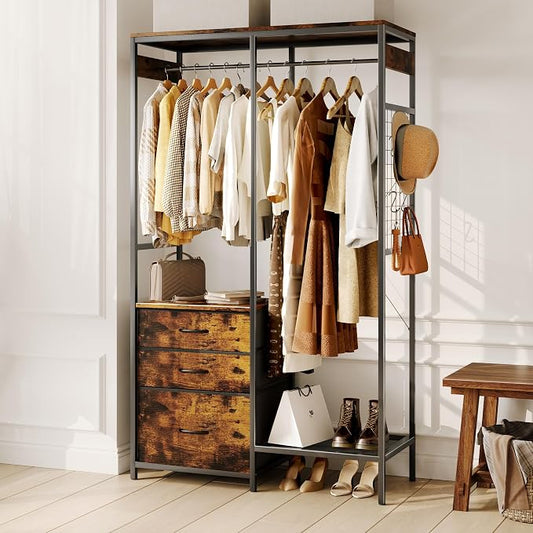 Heavy Duty Clothes Rack with 3 Drawers & LED Light, Garment Rack with 3 Shelves, Free Standing Wardrobe Organizer with 8 Hooks for Bedroom, Small Space, Garming Room（37.8"W x 66.93"H, Rustic Brown）