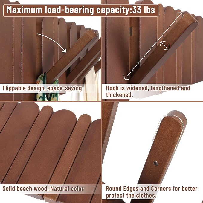 Wall Coat Rack for Entryway: Folding Wood Modern Heavy Duty 8 Hooks | 21.6'' Wall Mounted for Mid Century Home Decor Bathroom Bedroom Hallway for Hanging Towel Jacket Backpack Bag