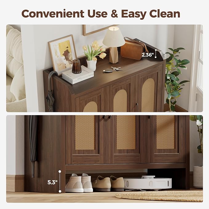 Rattan Shoe Storage Cabinet, Farmhouse Shoe Cabinets Storage for Entryway, Boho Wooden Shoe Rack with 3 Doors for Entryway, Hallway (Walnut, 3 Door)