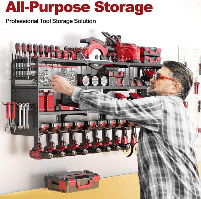 52" Metal Power Tool Organizer Wall Mount,4 Tier,Black | Heavy-Duty Metal,480 LBS Capacity,12 Cordless Drill Holders,Adjustable Hooks,Tool Shelf for Garage Workshop Shed,Pegboard