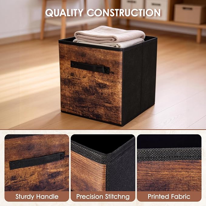 13 Inch Fabric Storage Cubes, 6 Pack Foldable Storage Bins with Handle, Fabric Cube Box for Shelves, Closet, Bedroom, Living Room, Organizer, Rustic Brown and Ink Black