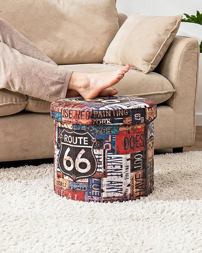 B FSOBEIIALEO Folding Storage Ottoman Round, Faux Leather Foot Rest Seat, Storage Organizer Chest 15" (Route 66 Barrel)